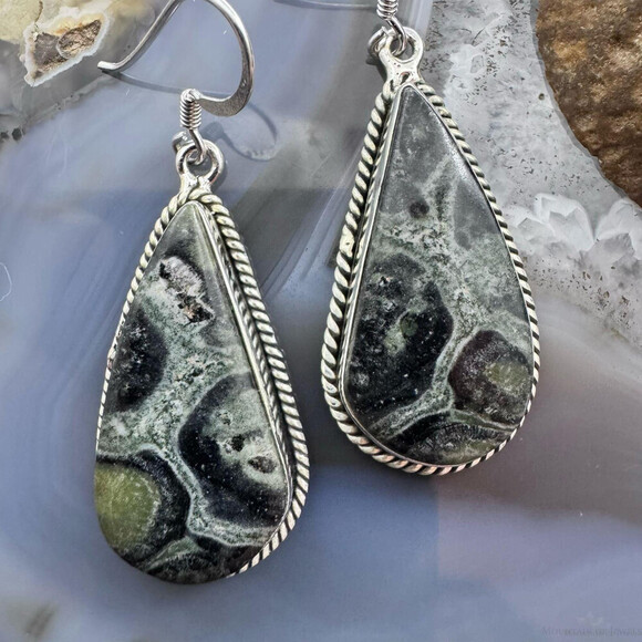 Sterling Southwestern Style Teardrop Kambaba Jasper Dangle Earrings For Women - Picture 5 of 10